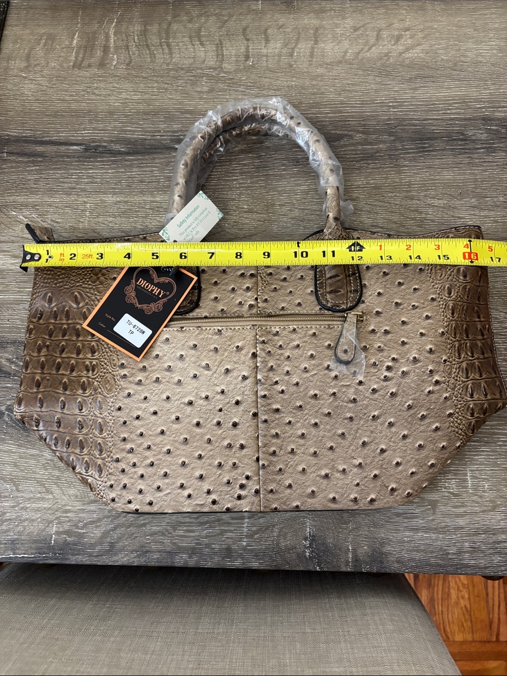 Diophy Taupe Ostrich-Textured Tote with Top Handles - Picture 2 of 10